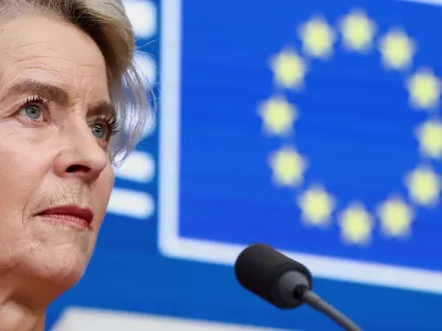 President of the European Commission Ursula von der Leyen participates in a press conference after attending a special summit of European Union leaders to discuss transatlantic relations following U.S. President Donald Trump's threats to impose new tariffs on goods from a list of EU countries over his demand to acquire Greenland, in Brussels, Belgium January 23, 2026. REUTERS/Yves Herman