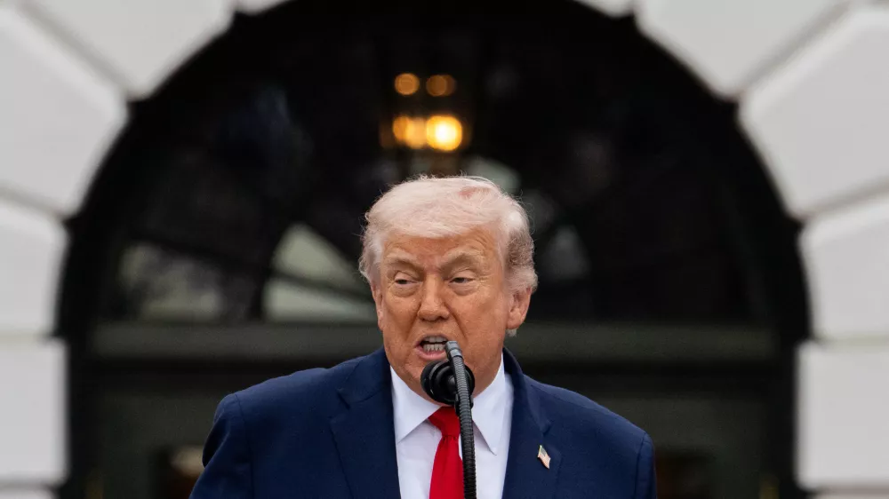 President Donald Trump speaks during a State Visit arrival ceremony for Britain's King Charles III and Queen Camilla on the South Lawn of the White House, Tuesday, April 28, 2026, in Washington. (AP Photo/Alex Brandon)