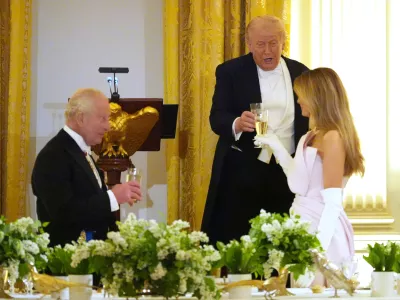 President Donald Trump toasts during a State Dinner with Britain's King Charles III, Queen Camilla and first lady Melania Trump in the East Room of the White House State Dinner Tuesday, April 28, 2026, in Washington. (AP Photo/Alex Brandon)
