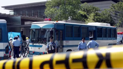 A crime-scene tape is placed around the compound of the official residence of Japanese Prime Minister Junichiro Koizumi in Tokyo while police investigate the building after a suicide attempt by a woman August 30, 2005. The woman, who tried to drive through barriers outside the compound, slit her throat, stabbed herself in the wrist and stomach, and was taken to hospital, condition unknown, police said. Koizumi was out campaigning at the time of the incident.  REUTERS/Yuriko Nakao