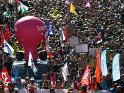 A balloon of Solidaires labour union is seen as protesters attend a demonstration in Nantes as part of a day of nationwide strikes and protests against the government and cuts in the next budget, with supporters of the "Bloquons Tout" (Let's Block Everything) movement, France, September 18, 2025. REUTERS/Stephane Mahe