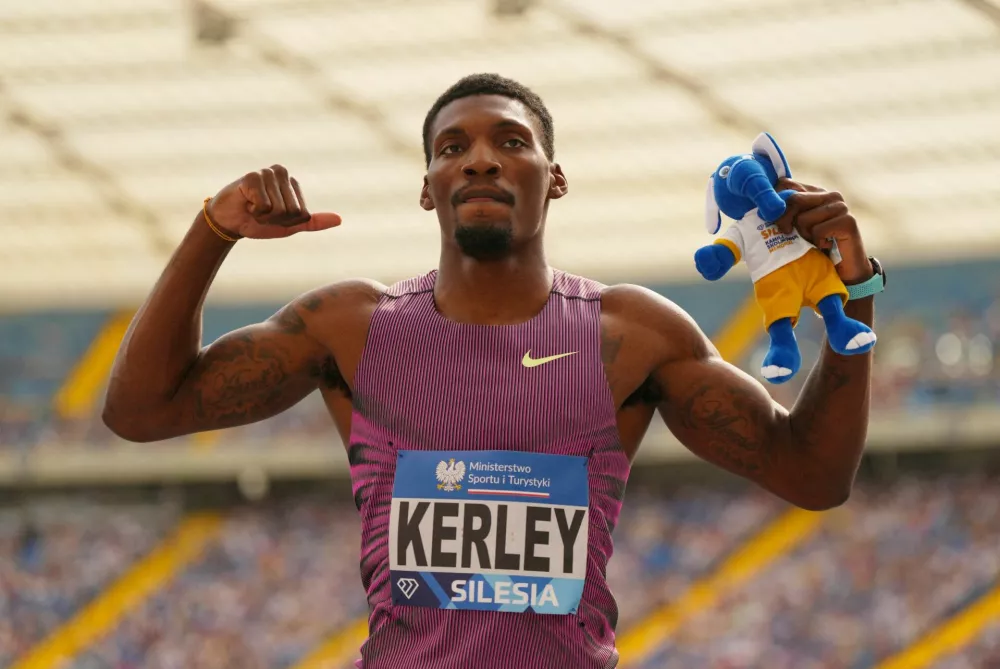 FILE PHOTO: Athletics - Diamond League - Silesia - Silesian Stadium, Chorzow, Poland - August 25, 2024 Fred Kerley of the U.S. celebrates after winning the men's 100m REUTERS/Aleksandra Szmigiel/File Photo / Foto: Aleksandra Szmigiel