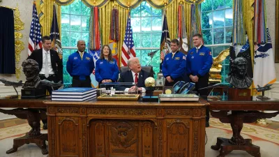 President Donald Trump speaks to reporters as he meets with NASA administrator Jared Isaacman, from left, and Artemis II astronauts Victor Glover, Christina Koch, Reid Wiseman and Jeremy Hansen in the Oval Office of the White House, Wednesday, April 29, 2026, in Washington. (AP Photo/Matt Rourke)