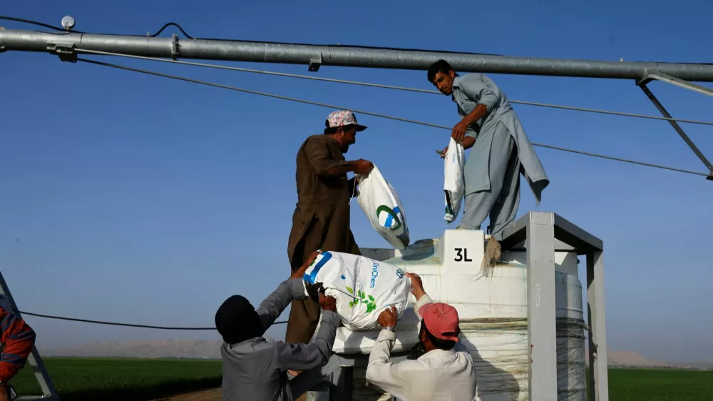 FILE PHOTO: Workers carry fertiliser bags to be mixed with water at a farm's irrigation center, where a newly launched 400 wheat hectares farm in Sharjah's Mleiha, which has turned a UAE desert into a green land, aims to further expand and reduce imports, in Mleiha area, Sharjah, United Arab Emirates, February 8, 2023. REUTERS/Rula Rouhana/File Photo