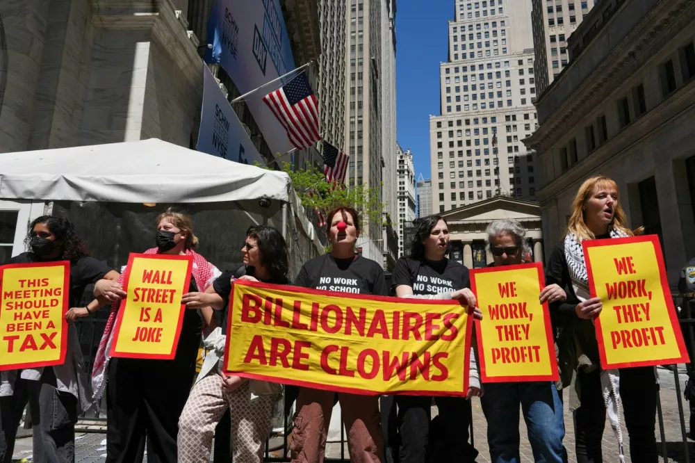 Protestors participate in an International Workers' Day demonstration on May Day in Manhattan, New York City, U.S., May 1, 2026. REUTERS/Adam Gray