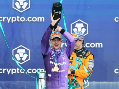 Mercedes driver Kimi Antonelli of Italy celebrates after winning the Miami Formula One Grand Prix auto race, Sunday, May 3, 2026, in Miami Gardens, Fla. (AP Photo/Lynne Sladky)