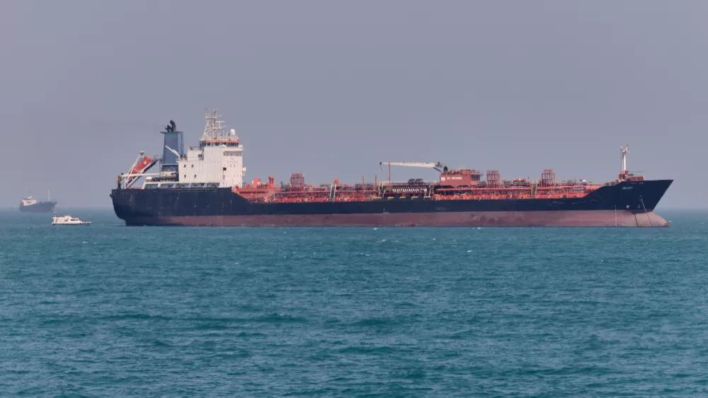 An oil tanker sits at anchor in the Strait of Hormuz off Bandar Abbas, Iran, Saturday, May 2, 2026.(Amirhosein Khorgooi/ISNA via AP)