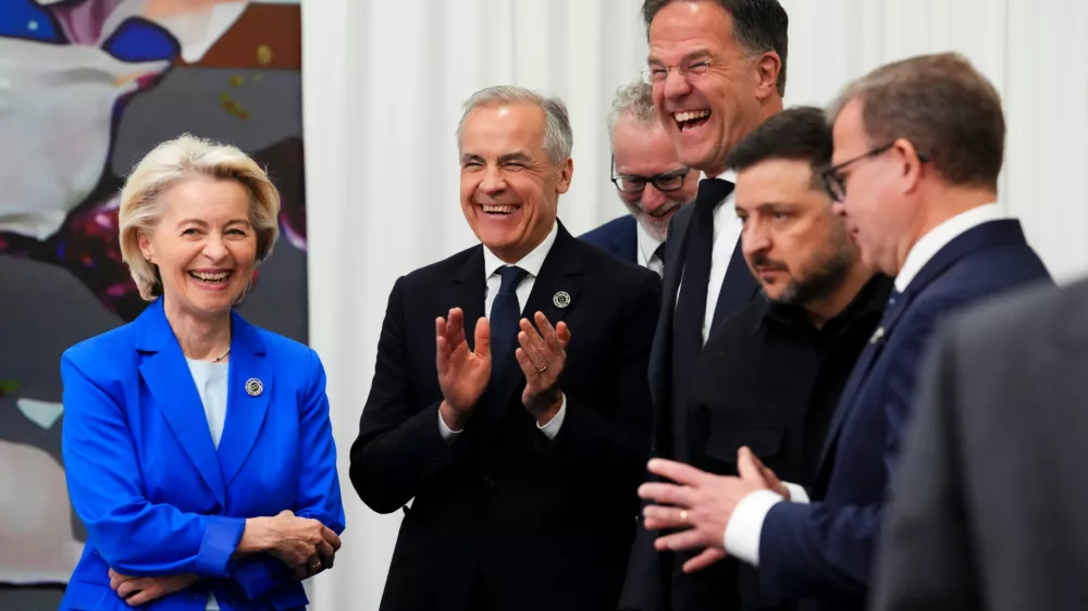 President of the European Commission Ursula von der Leyen, left to right, Canada Prime Minister Mark Carney, Secretary General of NATO Mark Rutte, President of Ukraine Volodymyr Zelenskyy and Prime Minister of Finland Petteri Orpo wait for the start of a meeting on the situation in Ukraine during the 8th European Political Community Summit in Yerevan, Armenia on Monday, May 4, 2026. (Sean Kilpatrick/The Canadian Press via AP)