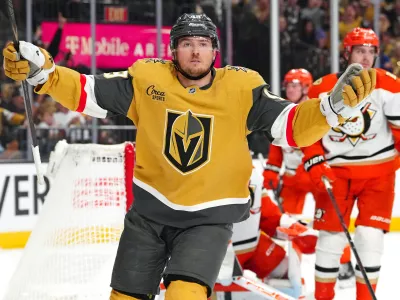 May 4, 2026; Las Vegas, Nevada, USA; Vegas Golden Knights left wing Ivan Barbashev (49) celebrates after scoring a goal against the Anaheim Ducks during the third period of game one of the second round of the 2026 Stanley Cup Playoffs at T-Mobile Arena. Mandatory Credit: Stephen R. Sylvanie-Imagn Images