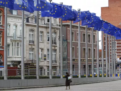 A woman walks past EU flags outside the European Commission headquarters in Brussels November 27, 2009. European Commission President Jose Manuel Barroso presented on Friday his new team of EU commissioners.  REUTERS/Yves Herman (BELGIUM POLITICS)