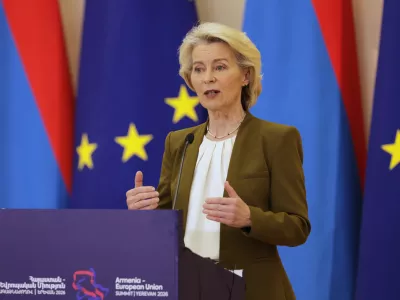 European Commission President Ursula von der Leyen addresses a media conference during the EU-Armenia summit at the Presidential Palace in Yerevan, Armenia, Tuesday, May 5, 2026. (AP Photo/Anthony Pizzoferrato)