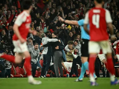 Soccer Football - UEFA Champions League - Semi Final - Second Leg - Arsenal v Atletico Madrid - Emirates Stadium, London, Britain - May 5, 2026 Arsenal manager Mikel Arteta celebrates after reaching the UEFA Champions League final REUTERS/Dylan Martinez   TPX IMAGES OF THE DAY