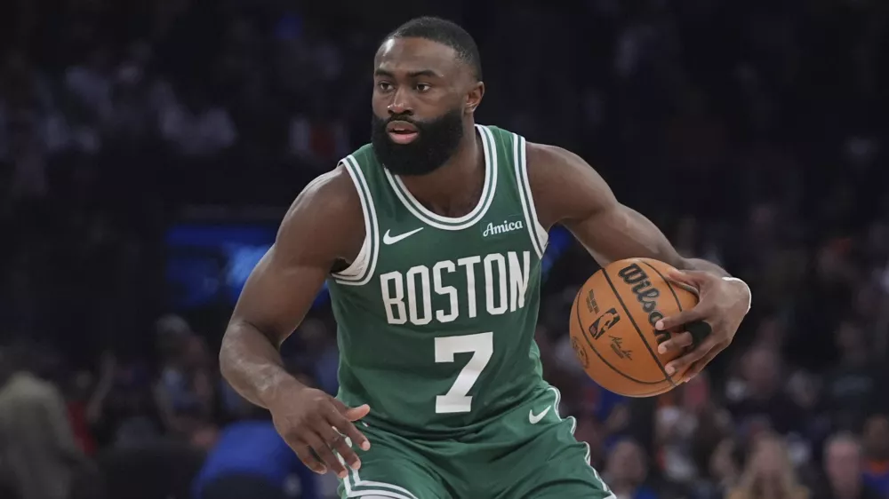 FILE - Boston Celtics' Jaylen Brown during the second half of Game 6 in the Eastern Conference semifinals of the NBA basketball playoffs against the New York Knicks, May 16, 2025, in New York. (AP Photo/Frank Franklin II, File)