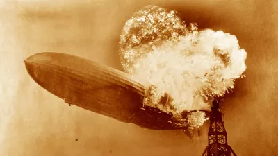 Hindenburg disaster, coloured image. View of the German airship Hindenburg (LZ 129) on fire over Naval Air Station (NAS) Lakehurst, New Jersey, USA, on 6th May 1937. This airship is famous for the Hindenburg disaster of 6th May 1937, when it caught fire and was destroyed during its attempt to dock with its mooring mast at NAS Lakehurst. Of the 97 crew and passengers on board 35 were killed, along with one member of the ground crew. The balloon was filled with hydrogen, a highly flammable gas. The cause of the accident has never been established but the disaster destroyed public confidence and marked the abrupt end of the airship era. Here the ships water ballast tanks (black dots, lower centre-left) can be seen falling.,Image: 270936545, License: Rights-managed, Restrictions:, Model Release: no