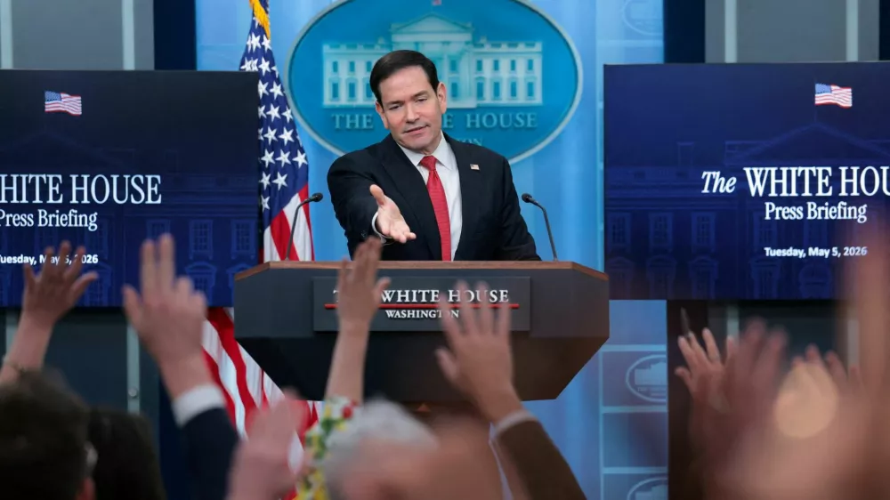 U.S. Secretary of State Marco Rubio looks on as members of the media raise their hands during a press briefing in the James S. Brady Press Briefing Room at the White House in Washington, D.C., U.S., May 5, 2026. REUTERS/Kylie Cooper