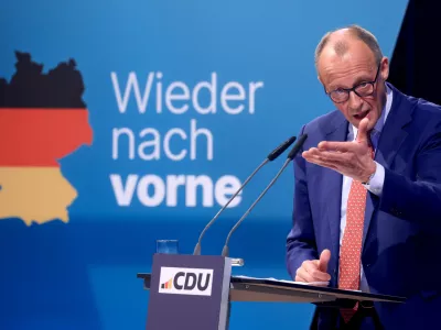 FILED - 19 January 2025, North Rhine-Westphalia, Brilon: Christian Democratic Union of Germany (CDU) chancellor candidate Friedrich Merz speaks at the Weisswurst breakfast in the Schuetzenhalle. He met withChristian Social Union in Bavaria(CSU) leader Markus Soeder for a Weisswurst breakfast, an old Bavarian tradition, to talk to each other. Photo: Oliver Berg/dpa