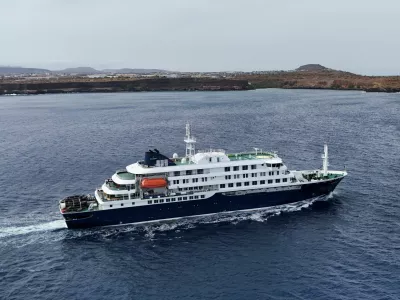 A drone view of the cruise ship MV Hondius, carrying passengers suspected of having cases of hantavirus on board, leaves Praia, Cape Verde, May 6, 2026. REUTERS/Stringer