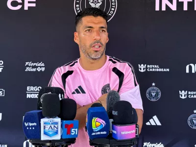 Inter Miami forward Luis Suarez speaks during an MLS soccer news conference following training, Wednesday, May 6, 2026, in Fort Lauderdale, Fla. (AP Photo/Daniel Kozin)
