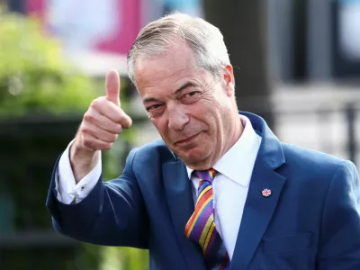 Britain's Reform UK leader Nigel Farage gestures at the Havering Town Hall, following the results of the local elections, in the London Borough of Havering, Britain, May 8, 2026. REUTERS/Jack Taylor