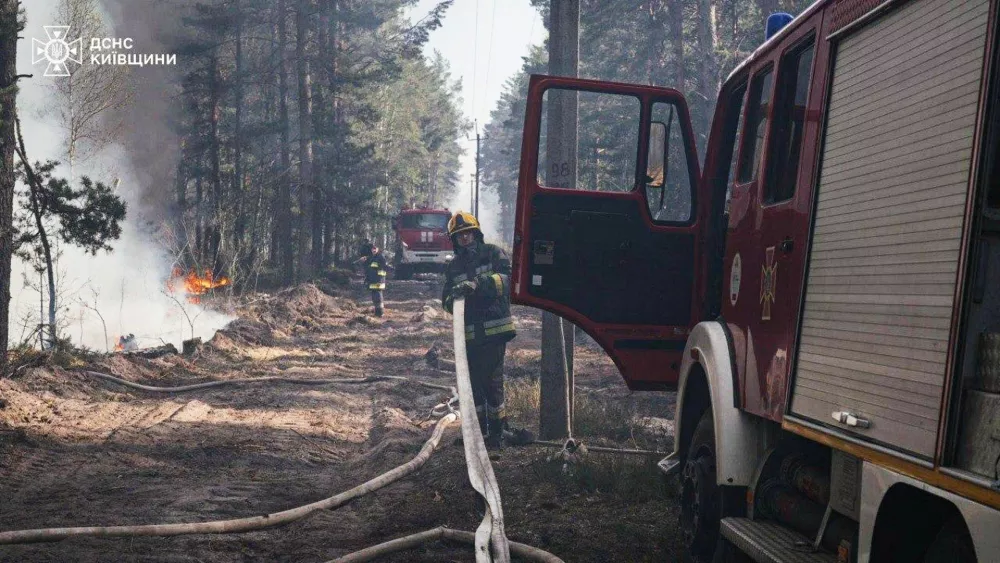 In this photo provided by the Ukrainian Emergency Service, firefighters put out a forest fire burning in the exclusion zone around the Chernobyl nuclear power plant, Ukraine, Friday, May 8, 2026. (Ukrainian Emergency Service via AP)