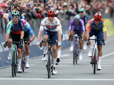 Cycling - Giro d'Italia - Stage 1 - Nessebar to Burgas - Bulgaria - May 8, 2026 Soudal Quick Step's Paul Magnier in action before crossing the line to win stage 1 REUTERS/Stoyan Nenov