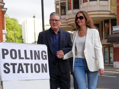 Britain's Prime Minister Keir Starmer and wife Victoria arrive at a polling station in central London, Thursday, May 7, 2026 to cast their votes in the local elections.(AP Photo/Kirsty Wigglesworth)