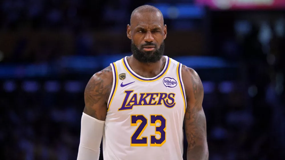 May 9, 2026; Los Angeles, California, USA; Los Angeles Lakers forward LeBron James (23) reacts after a foul in game three of the second round of the 2026 NBA Playoffs against the Oklahoma City Thunder at Crypto.com Arena. Mandatory Credit: Jayne Kamin-Oncea-Imagn Images