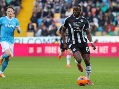 FILE - Udinese's Keinan Davis controls the ball during the Serie A soccer match between Udinese and Napoli, in Udine, north east Italy, Dec. 14, 2025. (Andrea Bressanutti/LaPresse via AP, File)