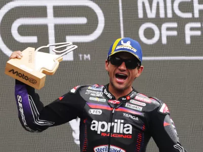MotoGP - French Grand Prix - Bugatti Circuit, Le Mans, France - May 10, 2026 Aprilia Racing's Jorge Martin celebrates on the podium after winning the MotoGP race REUTERS/Stephane Mahe