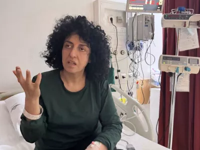 Prominent Iranian human rights activist Narges Mohammadi in a hospital in Tehran, Iran on May 10, 2026. (Narges Foundation Archive via AP)