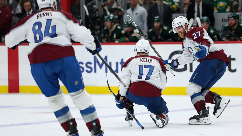 May 11, 2026; Saint Paul, Minnesota, USA; Colorado Avalanche center Parker Kelly (17) celebrates his goal against the Minnesota Wild during the third period in game four of the second round of the 2026 Stanley Cup Playoffs at Grand Casino Arena. Mandatory Credit: Matt Krohn-Imagn Images