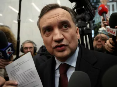 FILE PHOTO: Member of the Law and Justice (PiS) party and former Poland's Justice Minister Zbigniew Ziobro reacts after he was detained by police at the Polish TV Republika station's headquarters to be brought to testify before the Pegasus Investigation Committee, in Warsaw, Poland January 31, 2025. Agencja Wyborcza.pl/Robert Kowalewski/via REUTERS  ATTENTION EDITORS - THIS IMAGE WAS PROVIDED BY A THIRD PARTY. POLAND OUT. NO COMMERCIAL OR EDITORIAL SALES IN POLAND./File Photo