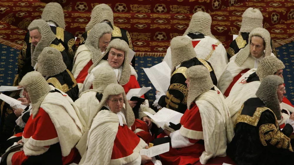 Law Lords sit on the cross benches, as they wait to hear the Queen's Speech in the House of Lords during the State Opening of Parliament, London November 6, 2007. Prime Minister Gordon Brown unveiled proposals on Tuesday to toughen anti-terrorism measures and address a crippling housing shortage in a new policy platform meant to revive Labour. REUTERS/Alastair Grant/Pool   (BRITAIN)