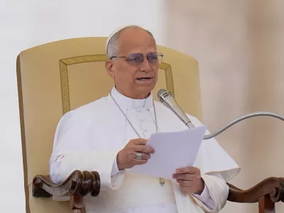 Pope Leo XIV delivers his speech during his weekly general audience in St. Peter's Square, at the Vatican, Wednesday, May 13, 2026. (AP Photo/Alessandra Tarantino)