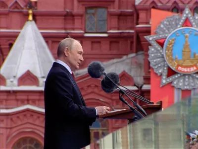 Russian President Vladimir Putin delivers a speech during a military parade on Victory Day, marking the 81st anniversary of the victory over Nazi Germany in World War Two, in Red Square in central Moscow, Russia, May 9, 2026, in this still image taken from video. Kremlin.ru/Handout via REUTERS ATTENTION EDITORS - THIS IMAGE WAS PROVIDED BY A THIRD PARTY. MANDATORY CREDIT.