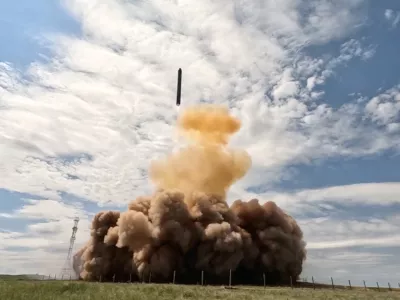 A test launch of Russia's Sarmat intercontinental ballistic missile at an unidentified location, in this still image taken from a video released on May 12, 2026. Russian Defence Ministry/Handout via REUTERS ATTENTION EDITORS - THIS IMAGE WAS PROVIDED BY A THIRD PARTY. NO RESALES. NO ARCHIVES. MANDATORY CREDIT.