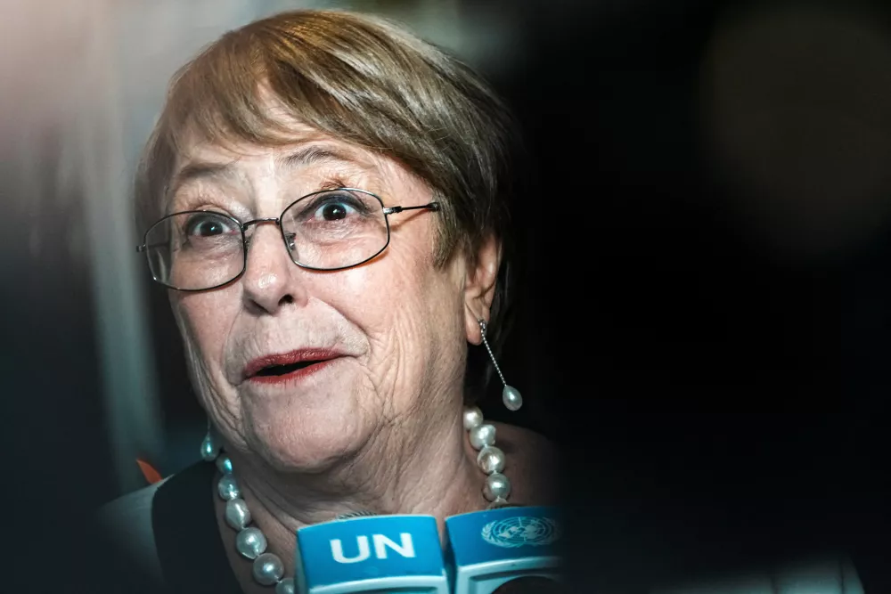 Michelle Bachelet Jeria, candidate for the position of the next Secretary-General speaks with the media after attending a dialogue with delegations while candidates for the position of new United Nations Secretary General are interviewed at U.N. headquarters in New York City, U.S., April 21, 2026. REUTERS/Eduardo Munoz