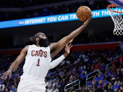 Cleveland Cavaliers guard James Harden goes to the basket against the Detroit Pistons during the second half in Game 5 of a second-round NBA playoffs basketball series, Wednesday, May 13, 2026, in Detroit. (AP Photo/Duane Burleson)