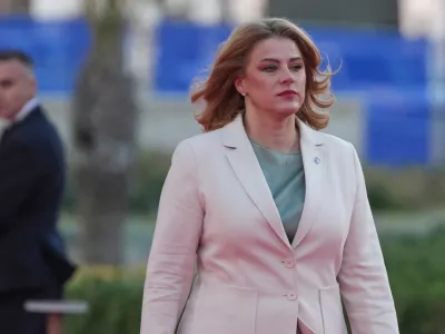 FILE - Latvia's Prime Minister Evika Silina arrives for the EU Summit in Ayia Napa, Cyprus, on April 23, 2026. (AP Photo/Petros Karadjias, File)