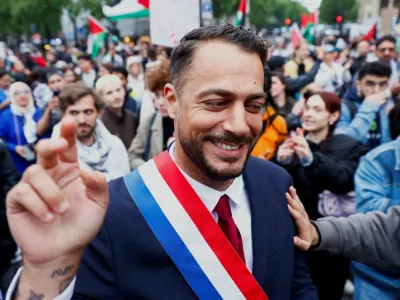 FILE PHOTO: Sebastien Delogu, deputy for La France Insoumise (LFI) party attends a pro-Palestinian protest in central Paris, France, May 29, 2024. REUTERS/Abdul Saboor/File Photo