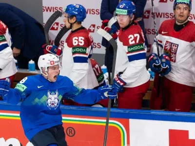Slovenia's Marcel Mahkovec celebrates his winning goal during the Group B preliminary round game between Slovenia and Czech Republic at the men's ice hockey world championship in Fribourg, Switzerland, Saturday, May 16, 2026. (Cyril Zingaro/Keystone via AP)