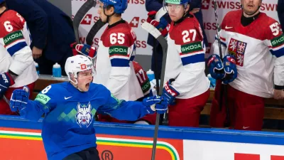 Slovenia's Marcel Mahkovec celebrates his winning goal during the Group B preliminary round game between Slovenia and Czech Republic at the men's ice hockey world championship in Fribourg, Switzerland, Saturday, May 16, 2026. (Cyril Zingaro/Keystone via AP)