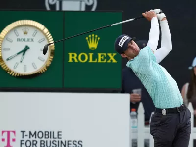 May 16, 2026; Newtown Square, Pennsylvania, USA; Alex Smalley plays on the 18th hole during the third round of the PGA Championship golf tournament. Mandatory Credit: James Lang-Imagn Images
