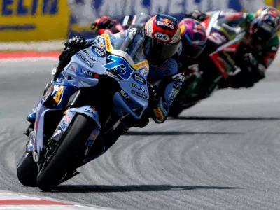 Spain's rider Alex Marquez of the BK8 Gresini Racing MotoGP steers his motorcycle during the MotoGP race of the Grand Prix of Catalunya in Montmelo, near Barcelona, Spain, Sunday, May 17, 2026. (AP Photo/Joan Monfort)