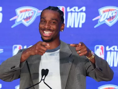 Oklahoma City Thunder guard Shai Gilgeous-Alexander gestures during a news conference after being named the NBA basketball MVP Sunday, May 17, 2026, in Oklahoma City. (AP Photo/Nate Billings)