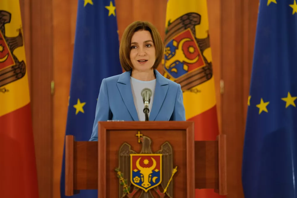 Moldova's President Maia Sandu speaks to the media after the parliamentary election, in Chisinau, Moldova, Monday, Sept. 29, 2025. (AP Photo/Vadim Ghirda)