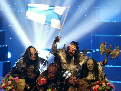 Finland's Lordi group celebrate after winning the 2006 Eurovision song contest in Athens' Olympic indoor arena May 20, 2006. Finland won the contest ahead of Russia, that took the second place, and Bosnia Herzegovina, that finished third. REUTERS/Yiorgos Karahalis
