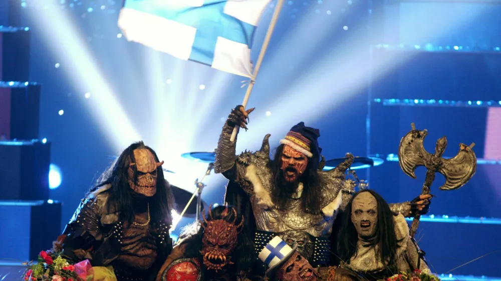 Finland's Lordi group celebrate after winning the 2006 Eurovision song contest in Athens' Olympic indoor arena May 20, 2006. Finland won the contest ahead of Russia, that took the second place, and Bosnia Herzegovina, that finished third. REUTERS/Yiorgos Karahalis