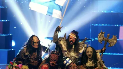 Finland's Lordi group celebrate after winning the 2006 Eurovision song contest in Athens' Olympic indoor arena May 20, 2006. Finland won the contest ahead of Russia, that took the second place, and Bosnia Herzegovina, that finished third. REUTERS/Yiorgos Karahalis