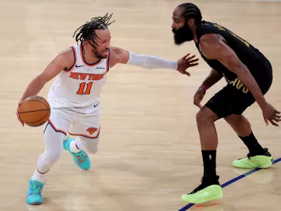 May 19, 2026; New York, New York, USA; New York Knicks guard Jalen Brunson (11) controls the ball against Cleveland Cavaliers guard James Harden (1) during the fourth quarter of game one of the eastern conference finals during the 2026 NBA playoffs at Madison Square Garden. Mandatory Credit: Brad Penner-Imagn Images